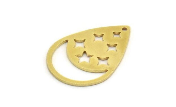 Brass Drop Charm, 6 Raw Brass Moon And Star Patterned Drop Shape Charms With 1 Loop, Earrings, Findings (29x21x1mm) A6161