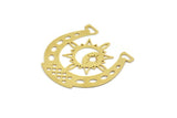 Brass Horseshoe Charm, 4 Raw Brass Pole Star And Crescent Moon Pattarned Horseshoe Shaped Charms (37x37x0.60mm) A5975