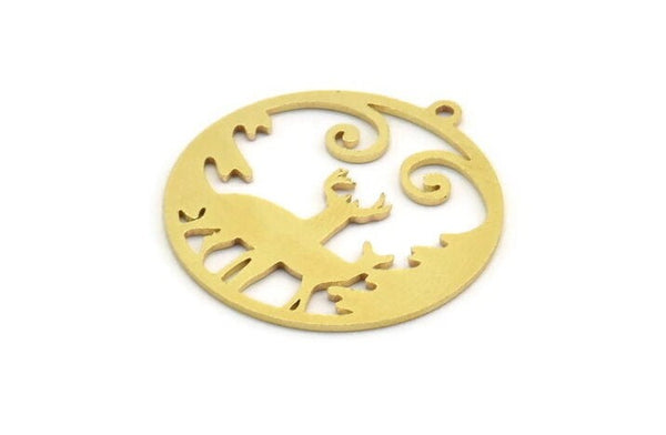 Brass Round Charm, 6 Raw Brass Deer Patterned Round Shaped Charms With 1 Loop, Earring Findings, Geometric Charms (30x28x0.80mm) A5976