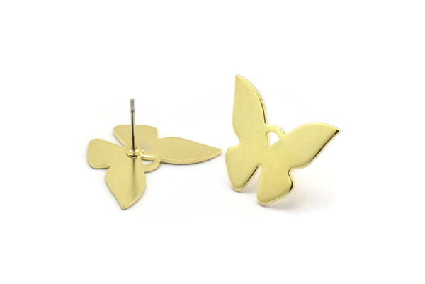 Brass Butterfly Earring, 4 Raw Brass Butterfly Shaped Stud Earrings (23x17x0.80mm) A0316 A6180