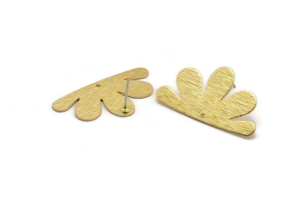 Brass Daisy Earring, 4 Textured Raw Brass Flower Shaped Stud Earrings With 1 Hole (34x18x0.80mm) D1410 A6187