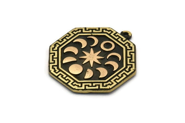 Brass Octagon Charm, Raw Brass Octagon Charm With 1 Loop, Copper Moon Phases Findings, Copper Star Findings (28x25x1.5mm) N2249