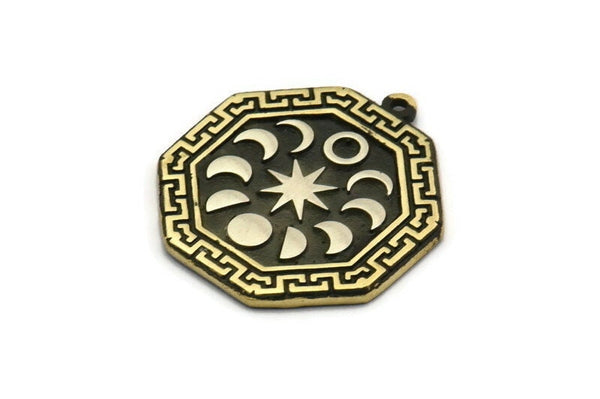 Brass Octagon Charm, Raw Brass Octagon Charm With 1 Loop, White Brass Moon Phases Findings, White Brass Star Findings (28x25x1.5mm) N2248