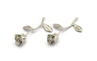 Silver Rose Charm, 2 Silver Plated Brass Flower Charms With 1 Loop, Pendants, Findings (39mm) N1200