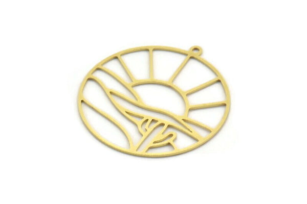 Brass Round Charm, 8 Raw Brass Rising Sun And Desert Patterned Round Shaped Charms With 1 Loop, Charm Pendants (34x32x0.60mm) A6234
