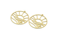 Brass Round Charm, 8 Raw Brass Rising Sun And Desert Patterned Round Shaped Charms With 1 Loop, Charm Pendants (34x32x0.60mm) A6234