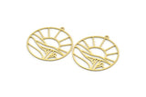 Brass Round Charm, 8 Raw Brass Rising Sun And Desert Patterned Round Shaped Charms With 1 Loop, Charm Pendants (34x32x0.60mm) A6234