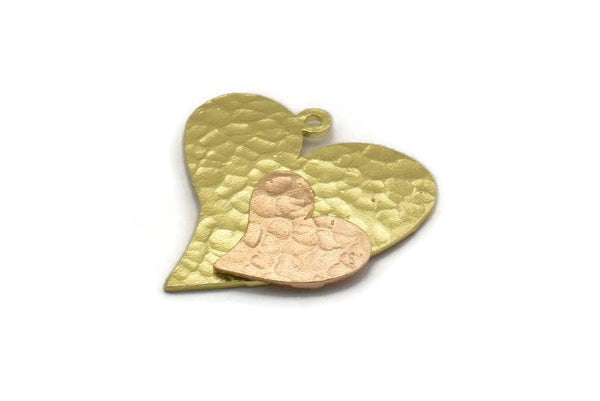 Brass Heart Charm, Raw Brass And Raw Copper Heart Charm With 1 Loop, Copper Charms, Mixed Material Findings (24x24x3mm) N1791