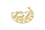 Brass Crescent Charm, 6 Raw Brass Mountain And Crescent Moon Patterned Charms With 1 Loop, Findings (42x38.5x0.60mm) A6207