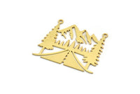 Brass Landscape Charm, 4 Raw Brass Mountain And Tree Patterned Charms With 2 Loops, Necklace Findings (28.5x33.5x0.60mm) A6206