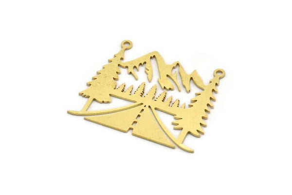 Brass Landscape Charm, 4 Raw Brass Mountain And Tree Patterned Charms With 2 Loops, Necklace Findings (28.5x33.5x0.60mm) A6206