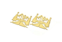 Brass Landscape Charm, 4 Raw Brass Mountain And Tree Patterned Charms With 2 Loops, Necklace Findings (28.5x33.5x0.60mm) A6206