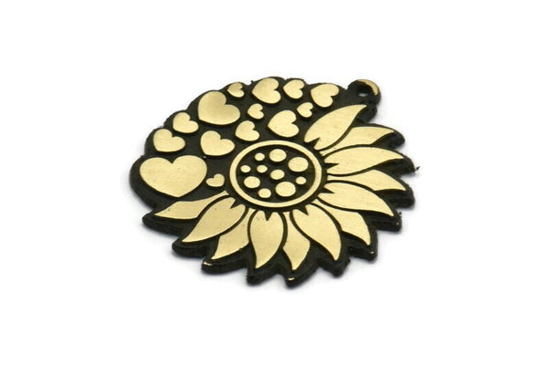 Brass Flower Charm, Raw Brass Flower And Hearts Charm With 1 Loop, Black Painted Brass Charms, Findings (29.5x27x1.5mm) N2258
