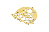 Brass Lotus Charm, 4 Raw Brass Lotus Flower And Crescent Moon Shaped Charms With 1 Loop, Findings (34x37x0.60mm) A6209