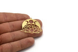 Brass Lotus Charm, 4 Raw Brass Lotus Flower And Crescent Moon Shaped Charms With 1 Loop, Findings (34x37x0.60mm) A6209