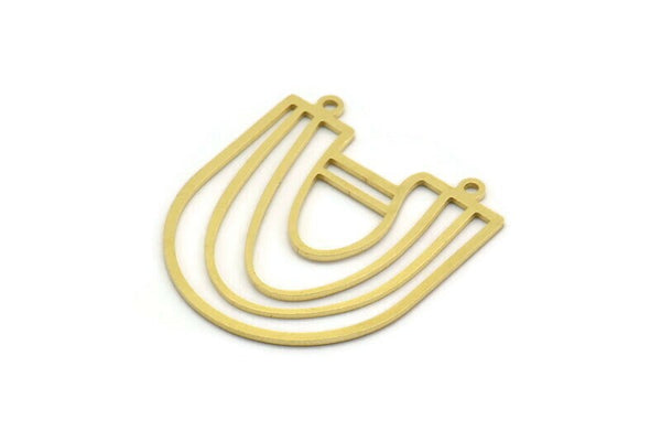 Brass D Shaped Charm, 6 Raw Brass D Shaped Charms With 2 Loops, Necklace Findings (34x30.5x0.80mm) A6214