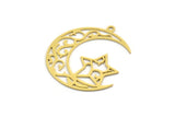 Brass Moon Charm, 6 Raw Brass Crescent Moon And Star Shaped Charms With 1 Loop, Findings (34x29x0.60mm) A6205