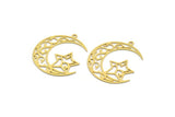 Brass Moon Charm, 6 Raw Brass Crescent Moon And Star Shaped Charms With 1 Loop, Findings (34x29x0.60mm) A6205
