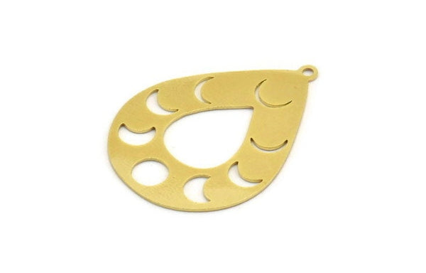 Brass Drop Charm, 6 Raw Brass Moon Phases Patterned Drop Shape Charms With 1 Loop, Earrings, Findings (35x26x0.60mm) A5999