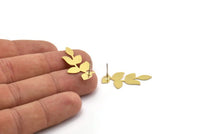 Brass Leaf Earring, 6 Raw Brass Branch Shaped Stud Earrings, Findings (30.5x16x0.60mm) A6072