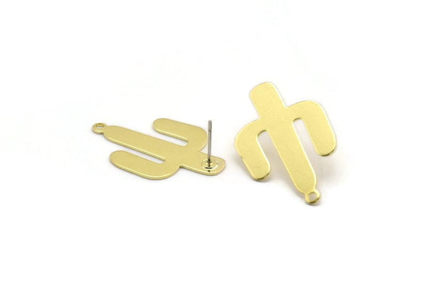 Brass Cactus Earring, 6 Raw Brass Cactus Stud Earrings With 1 Loop (31x20x0.70mm) M03391 A6077