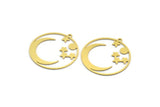 Brass Moon Charm, 4 Raw Brass Round Shaped Charms With 1 Loop, Star Charms, Crescent Moon Charms, Findings (32x30x0.60mm) A6264