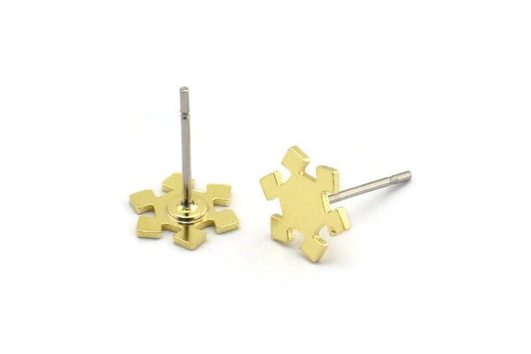 Brass Snowflake Earring, 12 Raw Brass Snowflake Shaped Stud Earrings (8.5x7x0.60mm) A6009