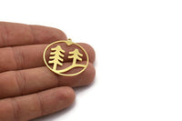 Brass Round Charm, 6 Raw Brass Landscape Patterned Round Shaped Charms With 1 Loop, Charm Pendants (34x32x0.80mm) A6134