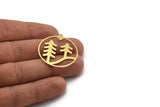 Brass Round Charm, 6 Raw Brass Landscape Patterned Round Shaped Charms With 1 Loop, Charm Pendants (34x32x0.80mm) A6134