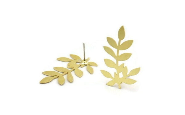 Brass Leaf Earring, 8 Raw Brass Branch Shaped Stud Earrings, Findings (32x20x0.60mm) A6010
