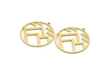 Brass Round Charm, 6 Raw Brass Mountain Patterned Round Shaped Charms With 1 Loop, Charm Pendants (34x32x0.80mm) A6135