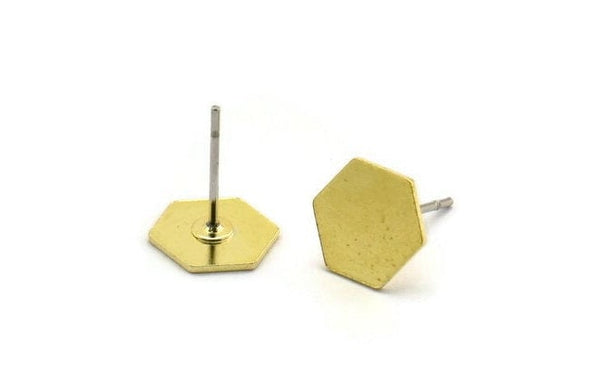 Brass Hexagon Earring, 8 Raw Brass Hexagon Shaped Stud Earrings (9x0.60mm) A6090