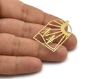 Brass Landscape Charm, 4 Raw Brass Sun And Tree Patterned Charms With 1 Loop, Findings (38x24.5x0.60mm) A6308