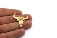 Brass Bull Charm, 6 Raw Brass Ox Head Shaped Charms With 2 Loops, Necklace Charms, Findings (35x32x0.60mm) A6379