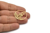 Brass Round Charm, 4 Raw Brass Lighthouse And Wave Patterned Round Charms With 1 Loop, Findings (32x30x0.60mm) A6315