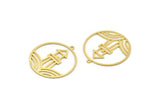 Brass Round Charm, 4 Raw Brass Lighthouse And Wave Patterned Round Charms With 1 Loop, Findings (32x30x0.60mm) A6315