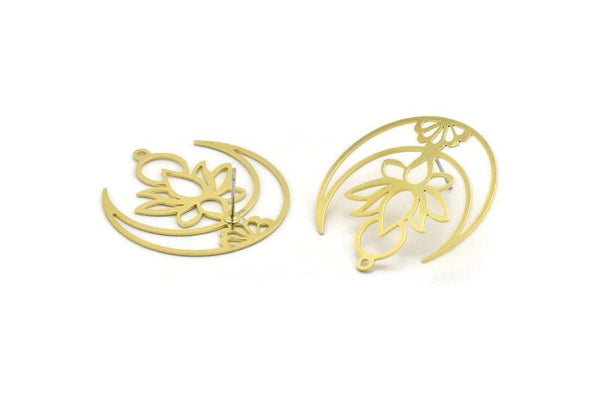 Pirinç Lotus Küpe, 4 Ham Pirinç Lotus Çiçeği ve Hilal Şekilli Küpe, 1 Döngü (34x33x0,60 mm) A5133 A6176