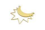 Brass Moon Charm, 6 Raw Brass Crescent Moon And Sunshine Shaped Charms With 2 Loops, Findings (37x41x0.60mm) A6396