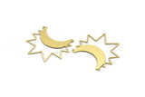 Brass Moon Charm, 6 Raw Brass Crescent Moon And Sunshine Shaped Charms With 2 Loops, Findings (37x41x0.60mm) A6396