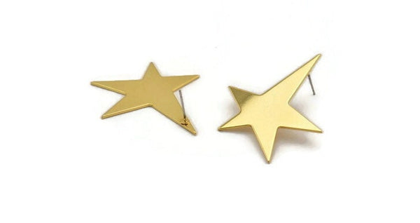 Gold Star Earring, 2 Gold Plated Brass Long Star Stud Earrings (41x35x1mm) BS 2179 A1195 H0449