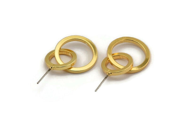 Gold Circle Earring, 4 Gold Plated Brass Round Shaped Stud Earrings (29x19x2mm) SY0165