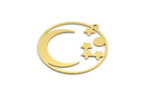 Brass Moon Charm, 4 Raw Brass Round Shaped Charms With 1 Loop, Star Charms, Crescent Moon Charms, Findings (32x30x0.60mm) A6264