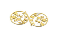 Brass Moon Charm, 2 Raw Brass Round Shaped Charms With 1 Loop, Star Charms, Crescent Moon Charms, Findings (37x34x0.60mm) A6285