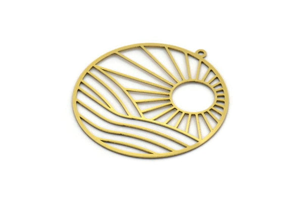 Brass Round Charm, 2 Raw Brass Rising Sun Patterned Round Shaped Charms With 1 Loop, Charm Pendants (41x38.5x0.60mm) A6452