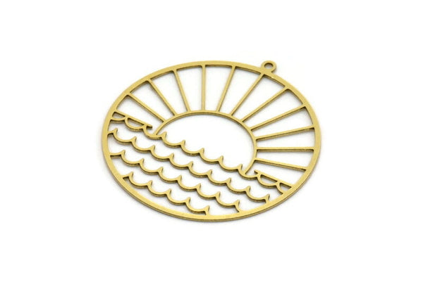 Brass Round Charm, 2 Raw Brass Rising Sun And Wavy Patterned Round Shaped Charms With 1 Loop, Charm Pendants (41x39x0.60mm) A6465