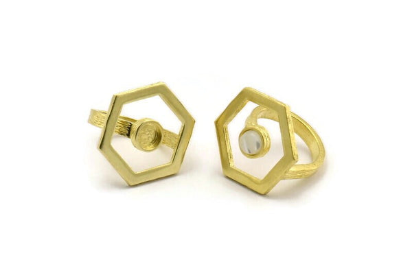 Brass Ring Settings, Raw Brass Hexagon Ring With 1 Stone Setting - Pad Size 6mm N2289