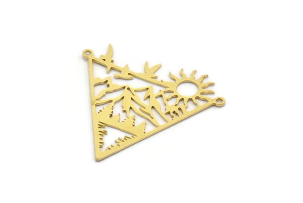 Brass Triangle Charm, 4 Raw Brass Sun And Mountain Patterned Triangle Shaped Charms With 2 Loops, Necklace Findings (35x36x0.60mm) A6480