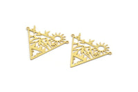 Brass Triangle Charm, 4 Raw Brass Sun And Mountain Patterned Triangle Shaped Charms With 2 Loops, Necklace Findings (35x36x0.60mm) A6480