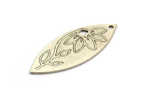 Gümüş Markiz Charm, 4 Antik Gümüş Kaplama Pirinç Çiçek Desenli Markiz Şekilli Charm, 1 Delikli (39x15x0,80 mm) A5706