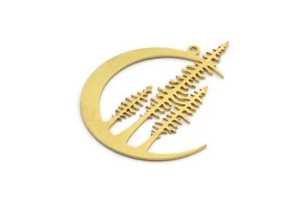 Brass Moon Charm, 4 Raw Brass Crescent Moon And Tree Charms With 1 Loop, Findings (40x32x0.60mm) A6521
